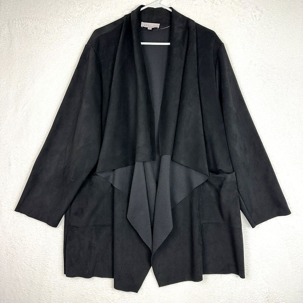 Philosophy Faux Leather Jacket Womens 2X Black Open Front Drape Long Sleeve